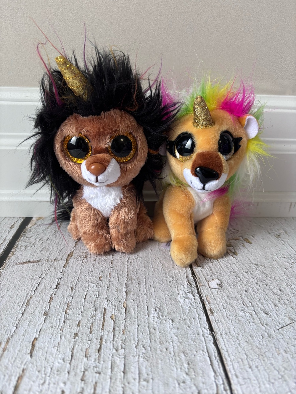 Ty Plush Unicorn Lion Pair - Brown, Black, Gold, Yellow, Pink, Green